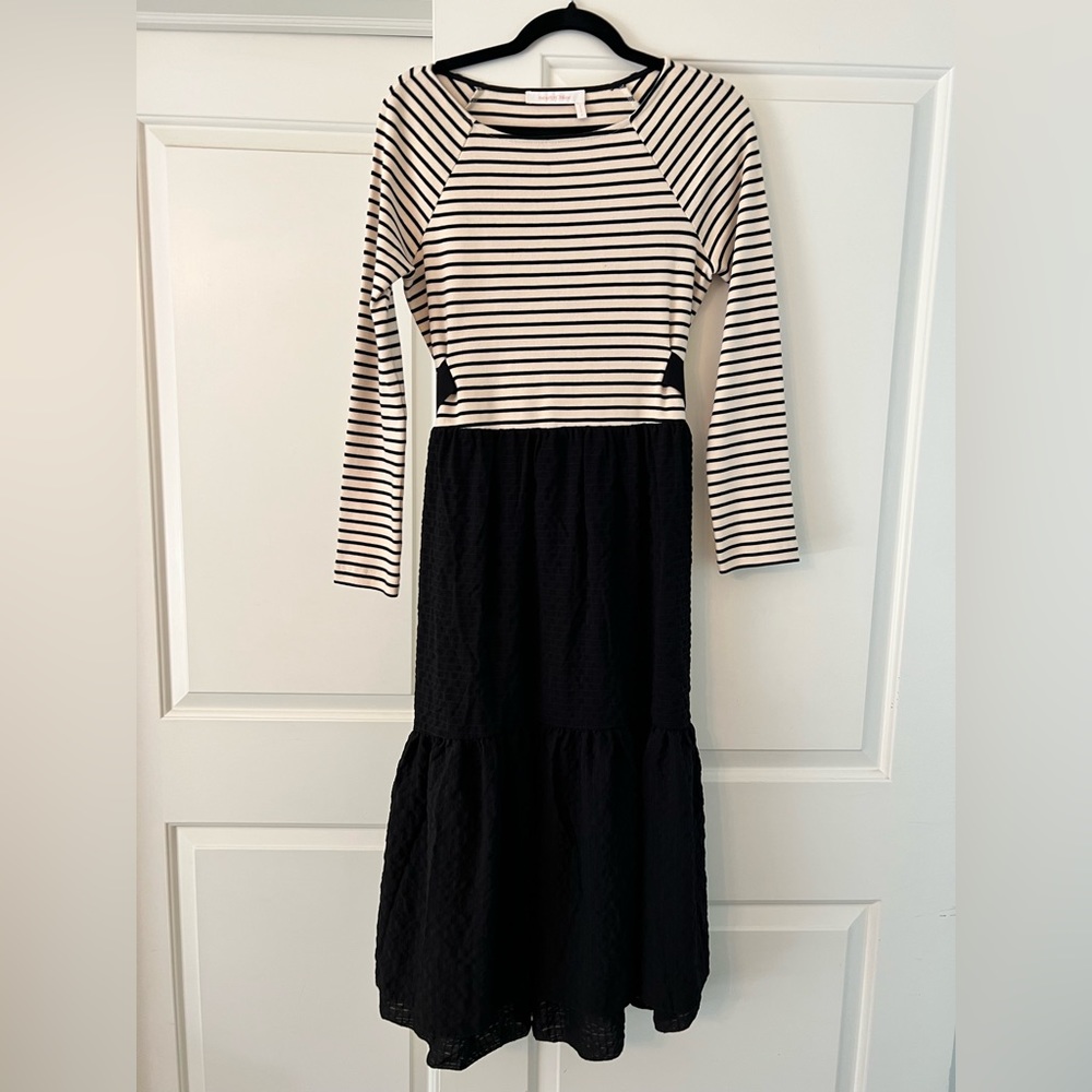 See by Chloe black and cream striped dress with textured tiered bottom